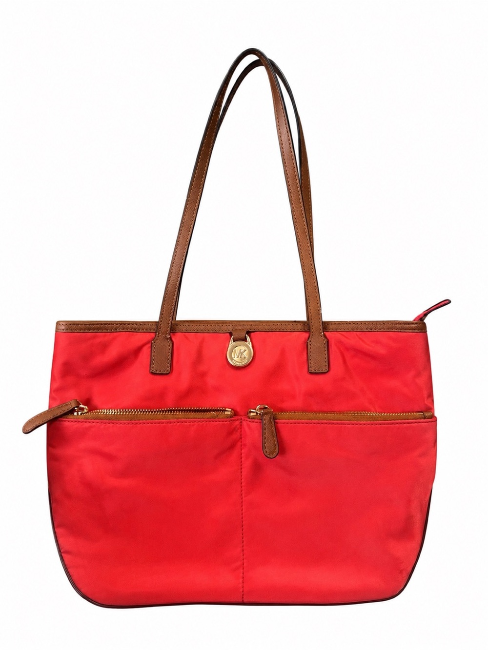 Michael Kors coral Nylon Tote with Brown Leather Trim